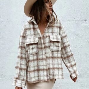 Sunday Up Cream Taupe Plaid Oversized Shacket Button-Up Jacket Medium M